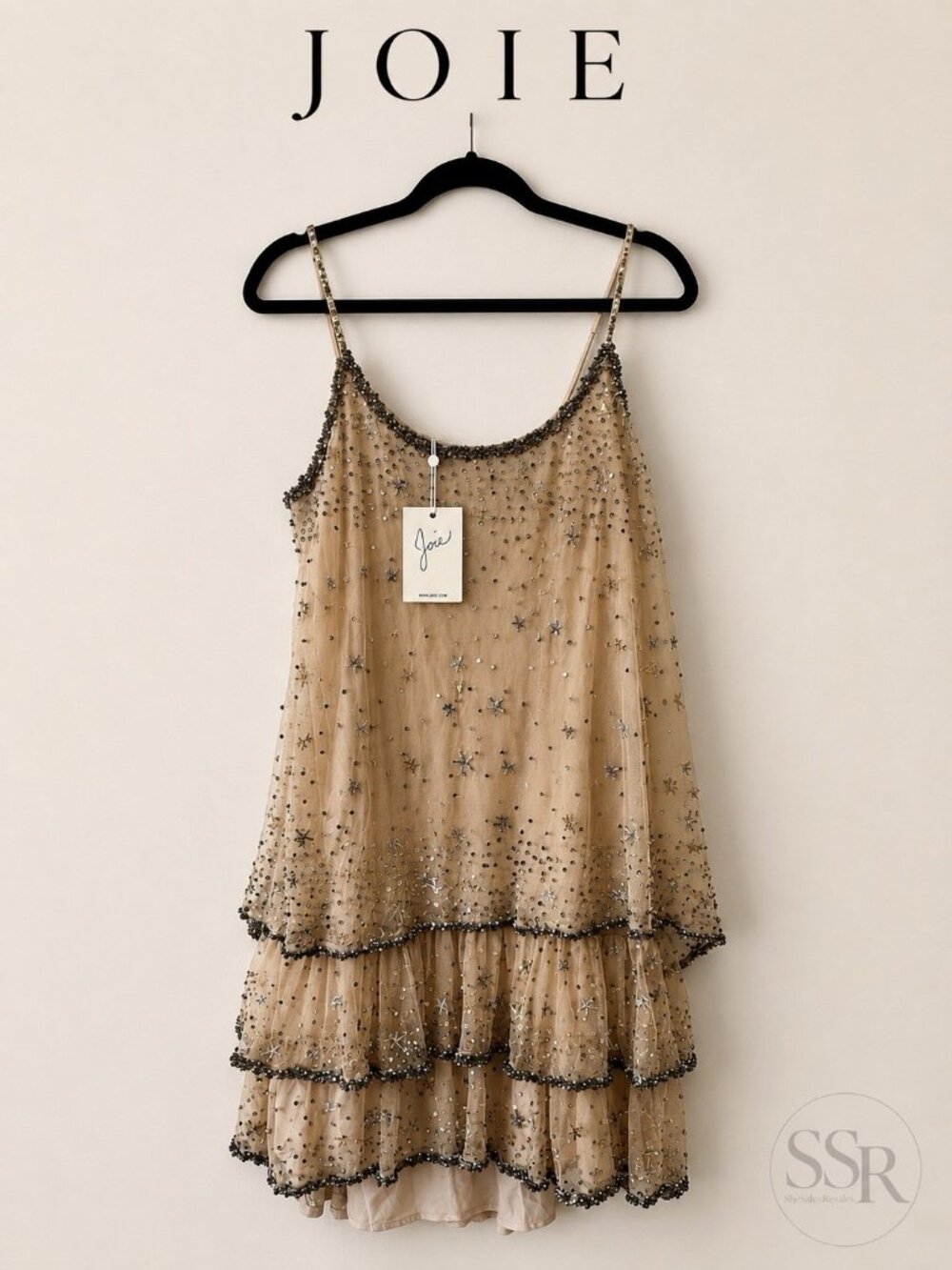 Joie Geddy Dress Champagne Beaded Sequin Crystal Star Tiered Mini Dress NWT sz L